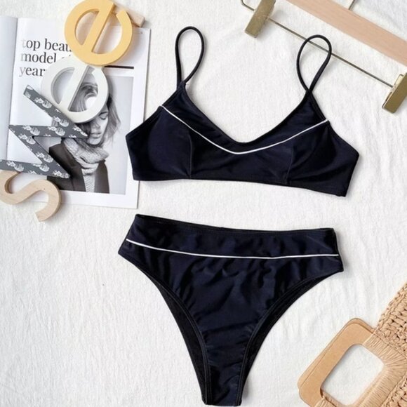 New Black Bralette Top High Waist High Leg Bikini Set Swimsuit - Picture 6 of 8